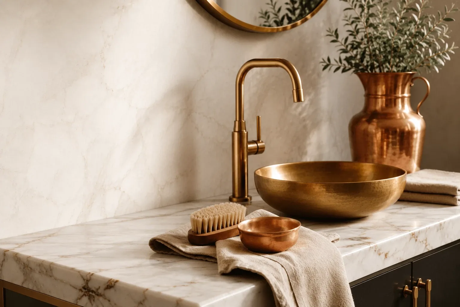Brass sculptural objects beside a curved sofa
