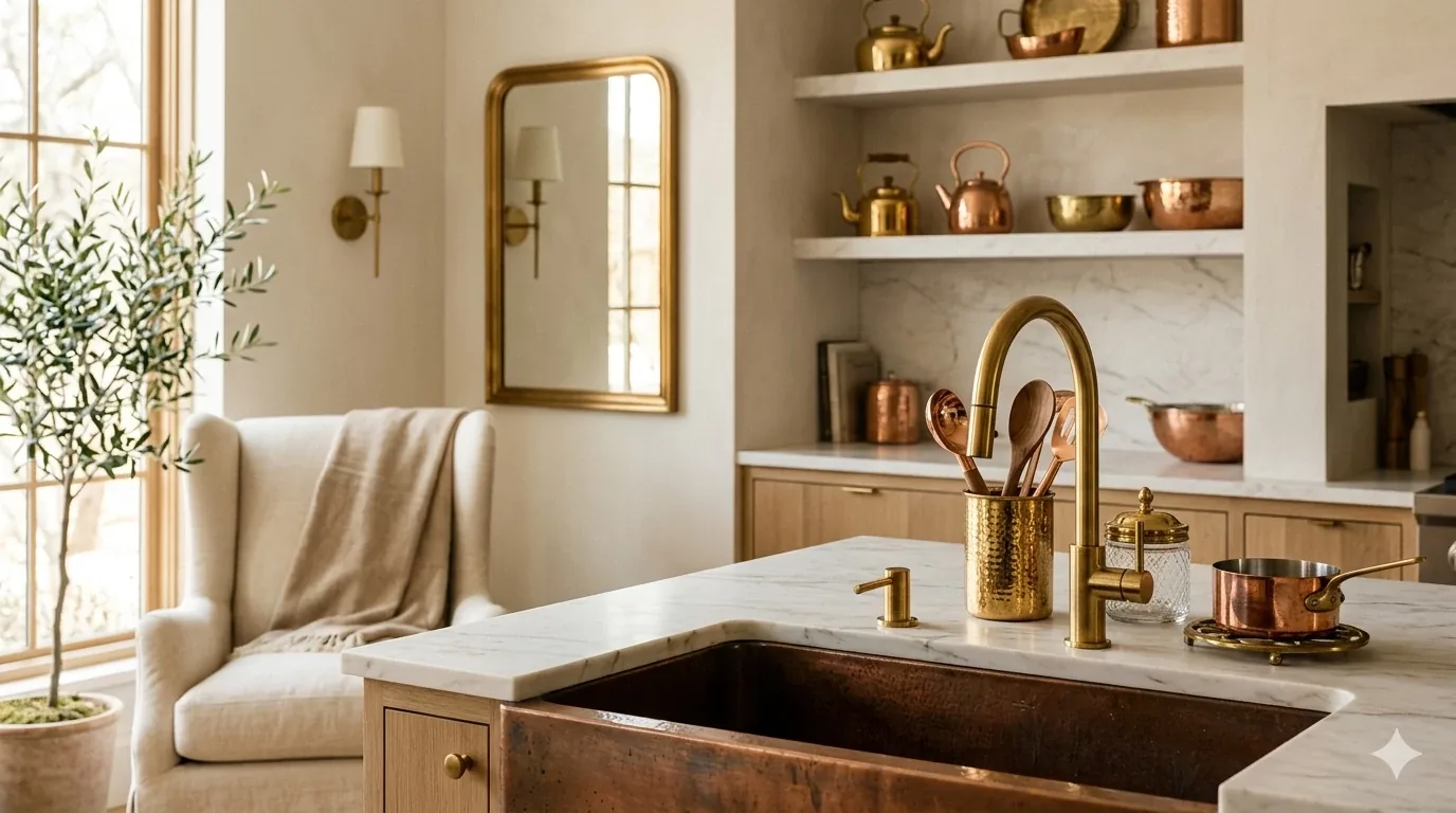 Brass sculptural objects beside a curved sofa