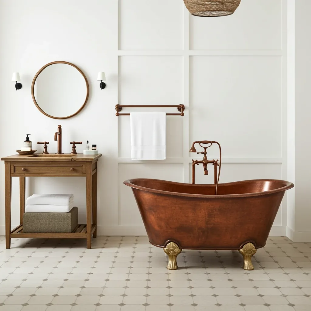 Handcrafted copper bathroom with freestanding tub