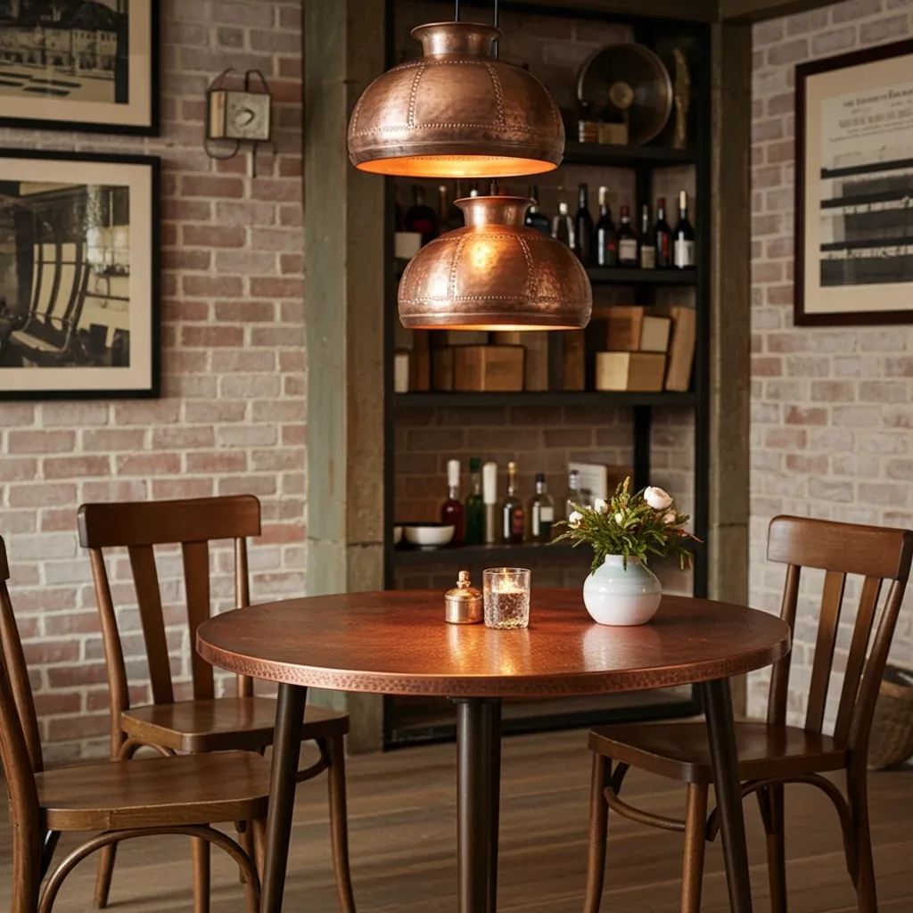 Copper pendant lights above a dining table