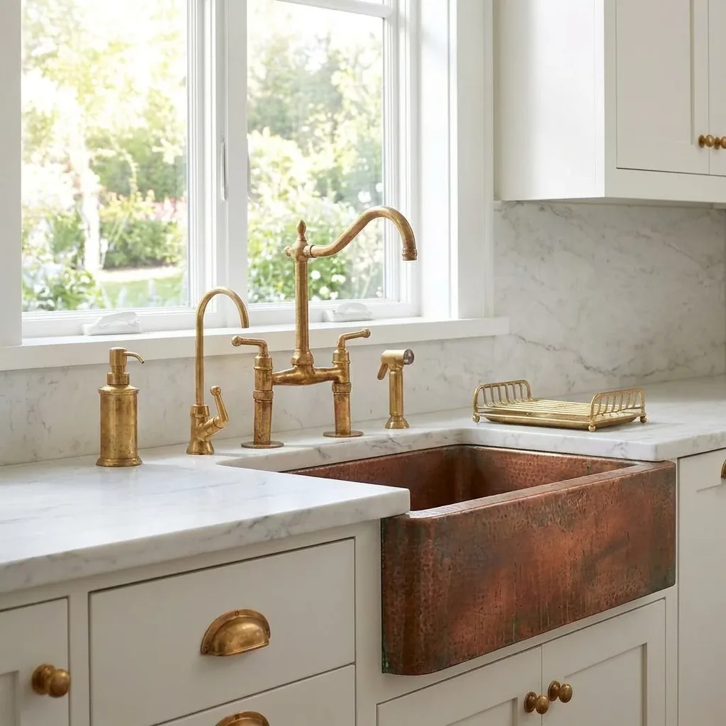 Unlacquered brass kitchen faucet and farmhouse sink