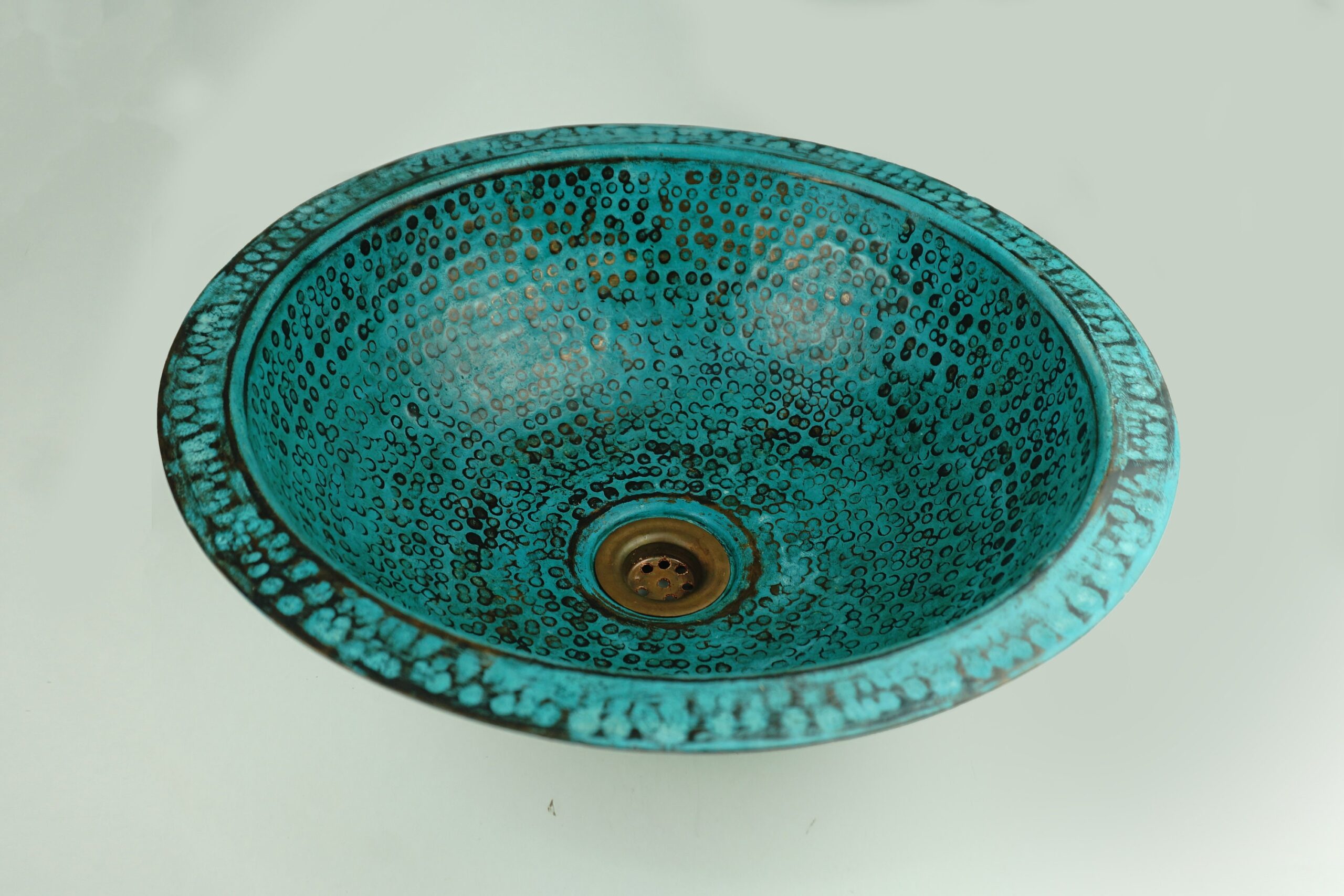 Rustic Green Patina Drop in Sink , Hammred Copper Bathroom Vanity Sink Top Mount