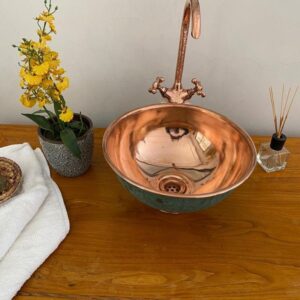 Copper Vessel Sink Round Handcrafted Green Patina  Copper Wash Basin Bathroom