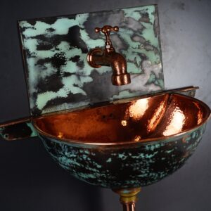 Copper wall mount vessel sink Bathroom  ,Hammered Green Patina Copper Sink Bathroom