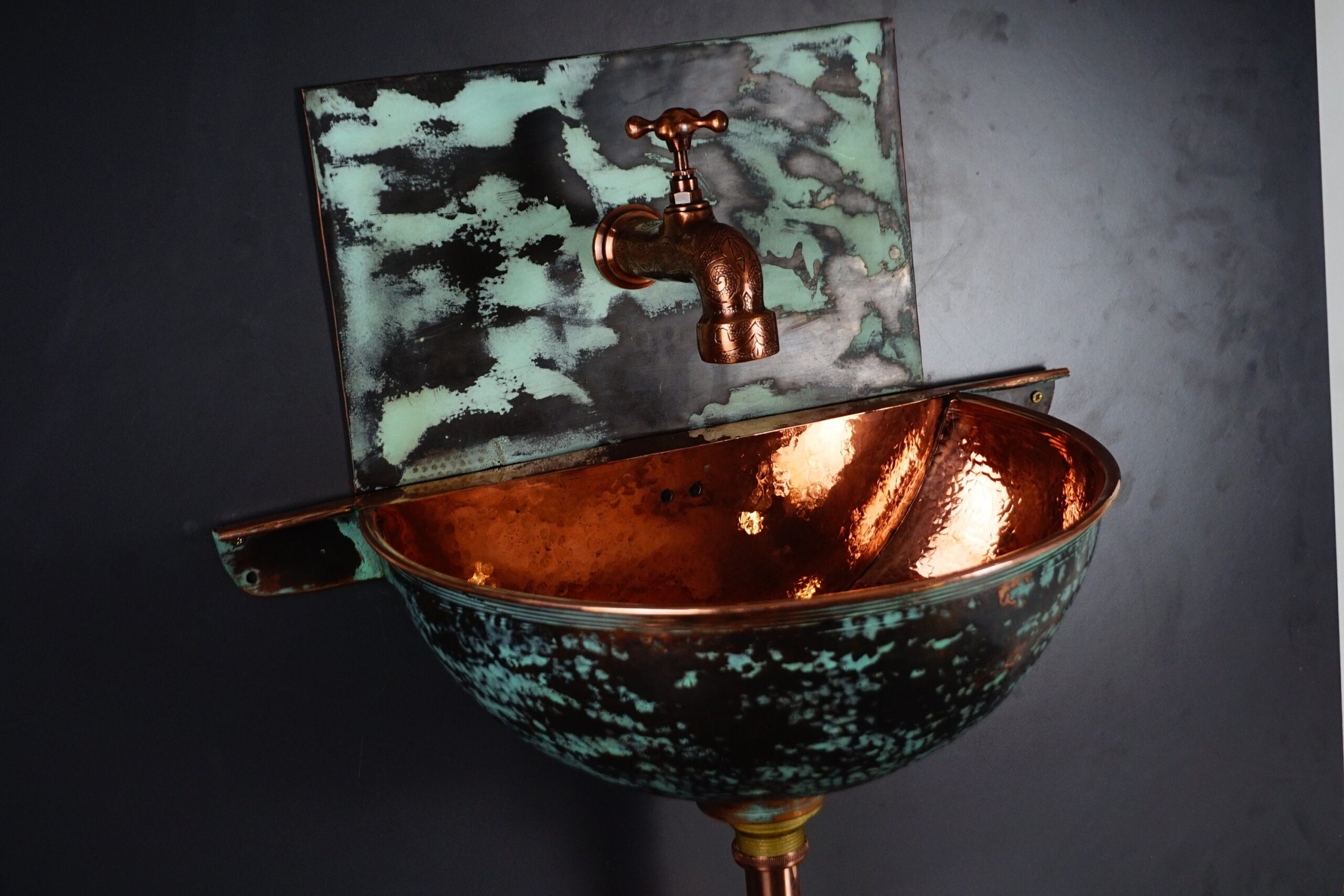 Copper wall mount vessel sink Bathroom  ,Hammered Green Patina Copper Sink Bathroom