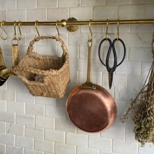 Unlacquered Brass Wall Mounted Pot Rack , Brass Kitchen Rail with Hooks , Brass Wall Pot Rack Kitchen Storage