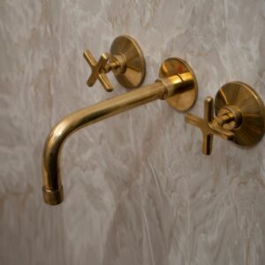 Unlacquered Brass Wall Mounted Bathroom Faucet , Solid Brass Bathroom Faucet With Cross Handle