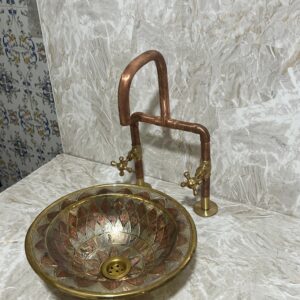 Round Brass drop-in bathroom sink , Handcrafted engraved brass sink