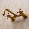 Unlacquered Brass Tub Filler Faucet  With Cross Handles ,  Solid Brass Wall Mount Bathroom Faucet
