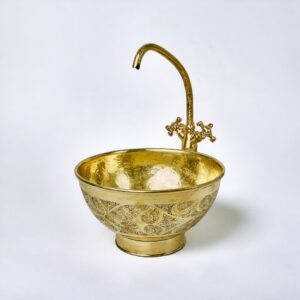 Engraved Brass Bathroom Vessel Sink, Round brass wash basin