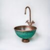 Handcrafted Hammered Copper Sink Vessel, Green Patina Round Countertop Basin
