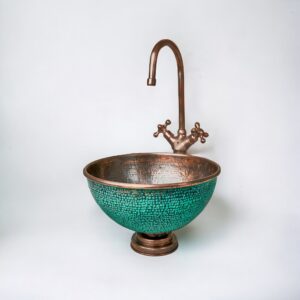 Handcrafted Hammered Copper Sink Vessel, Green Patina Round Countertop Basin