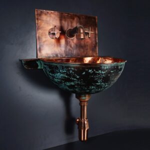 Wall Mounted Oxidized Copper Bathroom Sink With Mixer Faucet , Green patina Sink Bathroom Wall Mount Sink