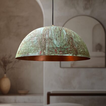 Handmade Oxidized Copper Pendant Light – Green Patina Dome Fixture for Rustic Farmhouse Island