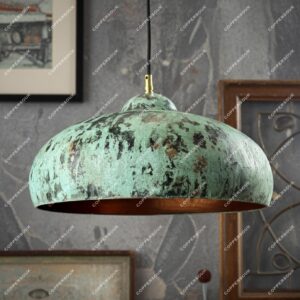 Set of Three Green Patina Copper Pendant Lights – Farmhouse Dome Ceiling Lamps for Dining or Bar