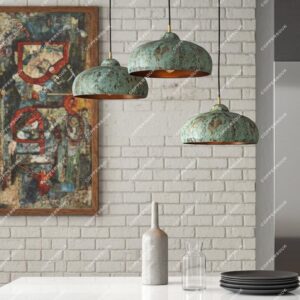 Pair of Patina Copper Pendant Lights – Vintage Dome Ceiling Fixtures for Farmhouse Kitchen Lighting