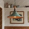 Set of Two Copper Pendant Lights: Green Patina Dome Ceiling Fixtures for Rustic Farmhouse Kitchen Island