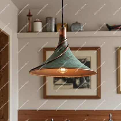 Oxidized Copper Pendant Lamp – Handmade Patina Dome Light Fixture for Industrial Dining