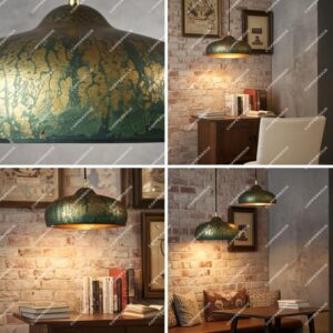 Set of Two Rustic Copper Pendant Lights – Green Patina Dome Fixtures for Vintage Farmhouse Kitchen
