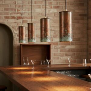 Handcrafted Tall Patina Cylinder Light for Kitchen Island , Bar lamps , Rustic Aged Copper Pendant