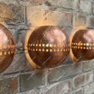 Hammered Copper Globe Light with Square Cutouts – Rustic Round Wall Sconce