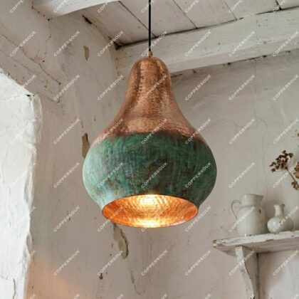 Handmade Hammered Copper Pendant Light , Natural Green Patina Hanging Ceiling Lamp Kitchen Island, Dining Room ,Warm Interior Lighting
