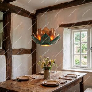 Copper Lotus Pendant Light Hammered Patina Ceiling Lamp Handmade Hanging Light